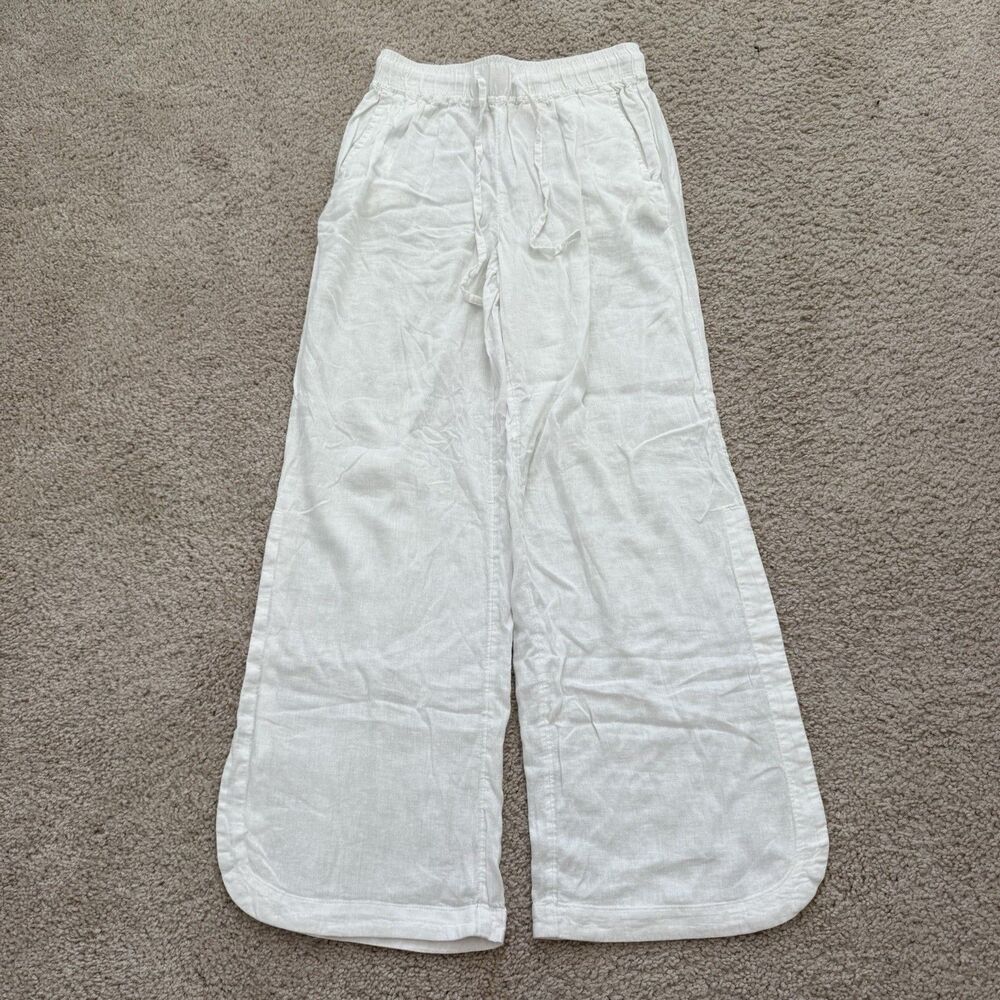 C&C California White Linen Wide Leg Pants Pull On Stretch Summer Sheer Sz XS